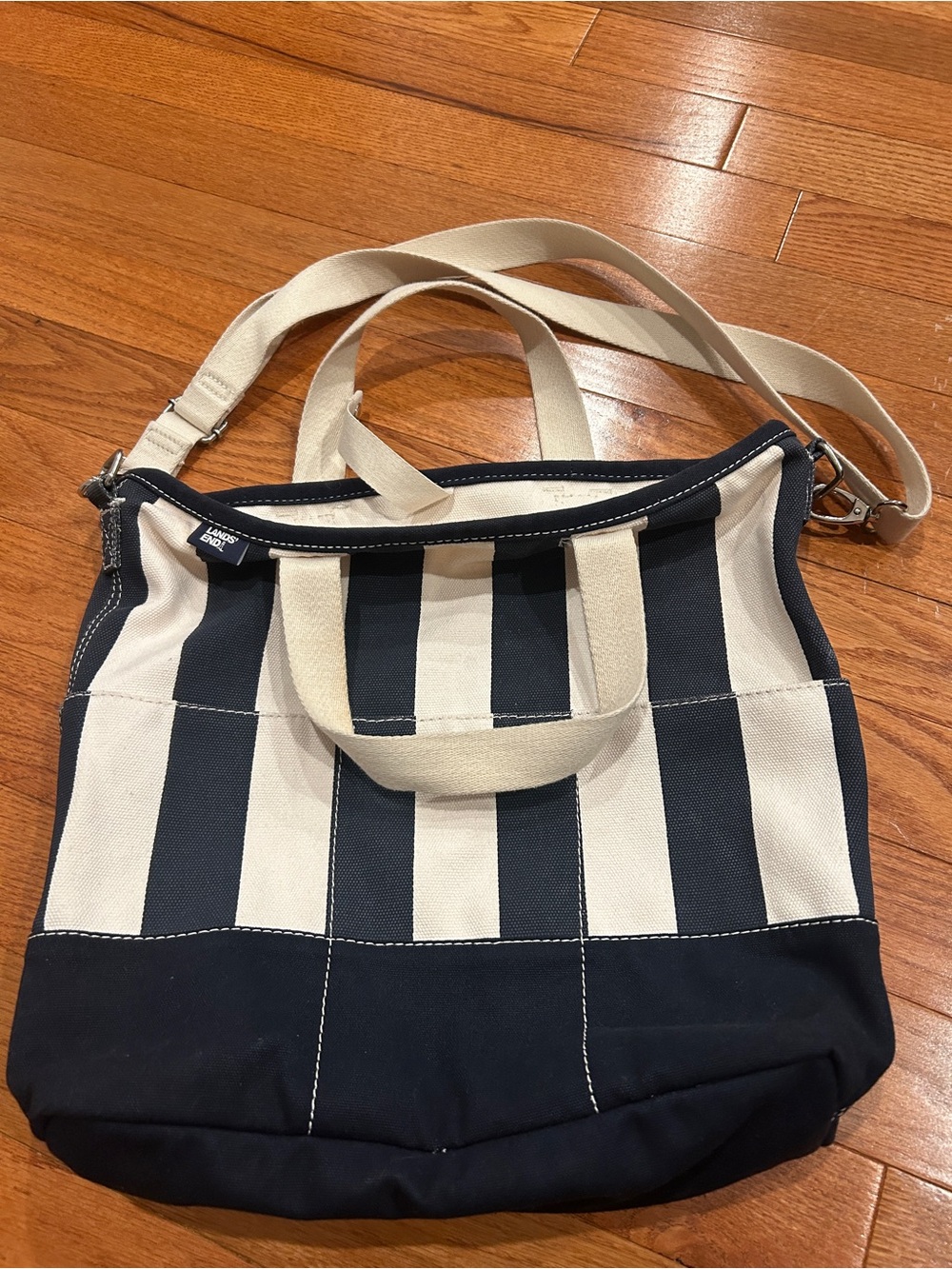Lands' End Navy and Cream Striped Canvas Tote with Crossbody Strap
